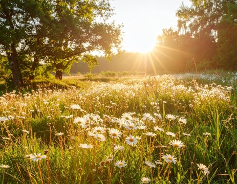 Late summer country landscape with daisies meadow and sunbeam