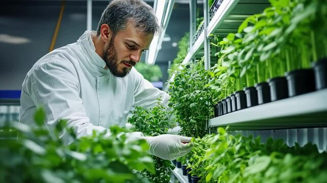 Scientist growing fresh organic herbs in vertical farm. Using technology for indoor farming and sustainable agriculture to produce healthy crops.