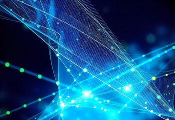 Obraz premium Abstract digital data connection technology lines and dots in shades of blue and green.