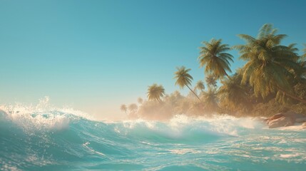 Serene Ocean Waves Glistening Under Bright Sunlight with Palm Trees