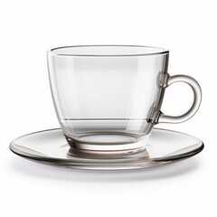 An isolated, ultra-detailed photograph of simple empty glass cup and saucer on a white background, realistic photography