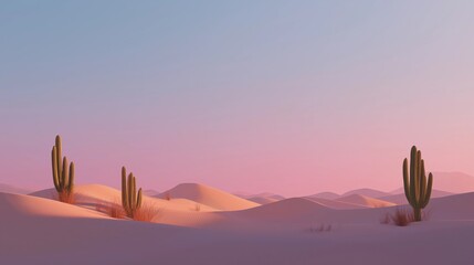 Tranquil Desert Landscape at Sunset with Cacti and Rolling Sand Dunes