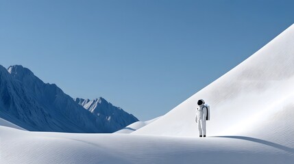 Lone astronaut explores a snowy mountain landscape
