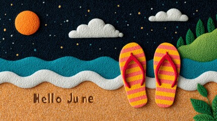Hello June text Bright summer Colorful summer scene with flip-flops, waves, clouds, and a sun, welcoming June.