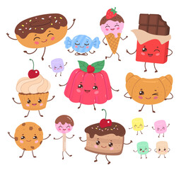 Fototapeta premium Vector illustration of various cute desserts, candy, and pastries with smiling faces. Flat isolated illustration.