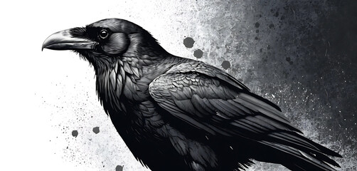 Stippled raven with rough halftone grain and torn zine textures, ideal for dark punk collages
