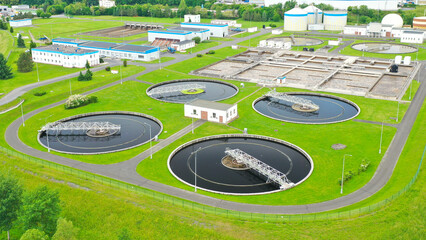 Aerial view to sewage treatment plant. Grey water recycling. Waste management in European Union.	