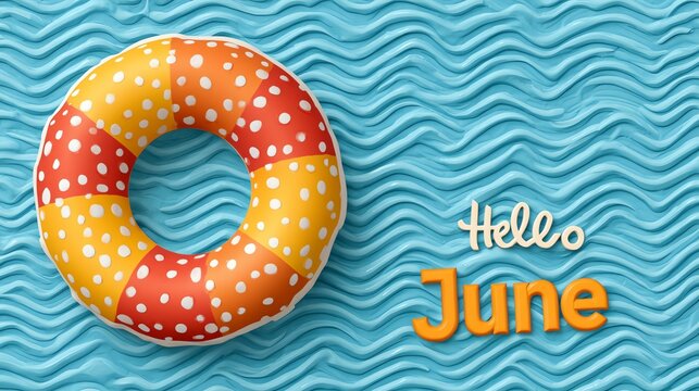Hello June text Bright summer Colorful lifebuoy with "Hello June" on a wavy blue background. Perfect for summer themes.
