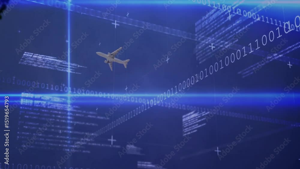 Poster on opening, jet airplane gliding into view pulsing beam wrapping binary streams visualizing data