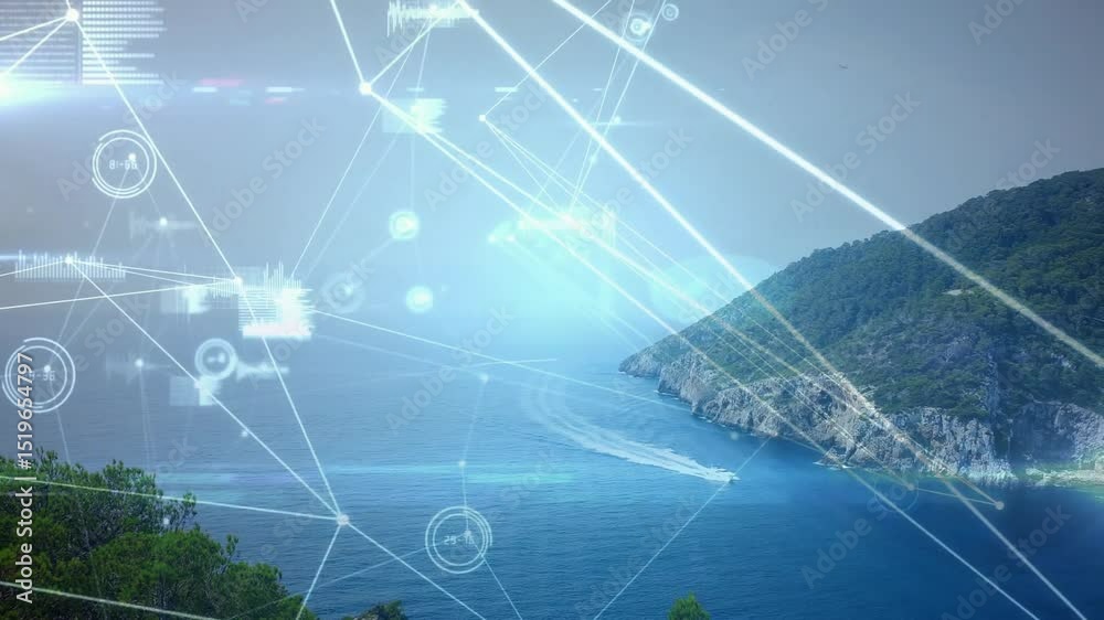 Poster nodes initiating network over coastal cove while speedboat carving wake and visualizing data mesh
