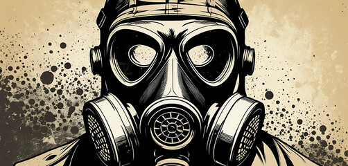 Gas mask drawing with harsh halftone decay and industrial grunge backdrop
