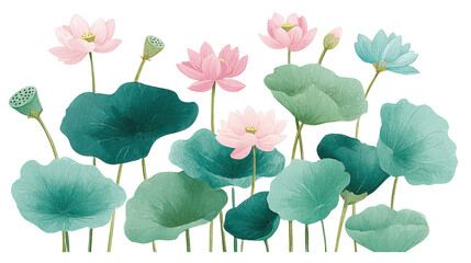 Soft-focus watercolor view of delicate lotus flowers floating gracefully on calm water in a serene natural setting