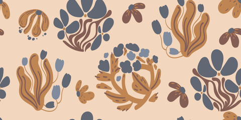Botanical Seamless vector pattern with abstract floral shapes in muted blue, brown, and beige tones, perfect for textile prints, wallpaper, packaging, wrapping paper, and digital backgrounds
