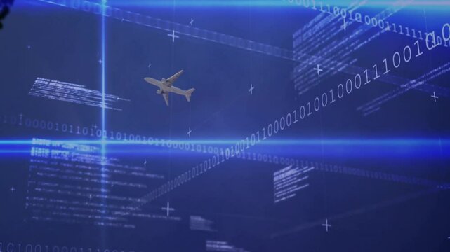 On opening, jet airplane gliding into view pulsing beam wrapping binary streams visualizing data - Powered by Adobe