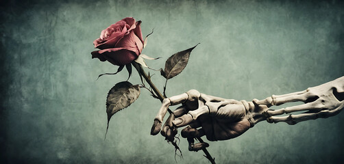 Skeleton hand holding a wilted rose, photocopy textures and grunge dust
