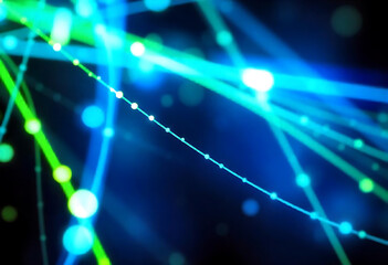 Abstract futuristic glowing lines with bokeh effects against a dark blue background