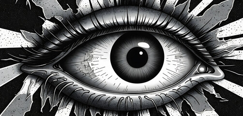 Bleeding eyeball in stipple style, surrounded by torn collage halftones
