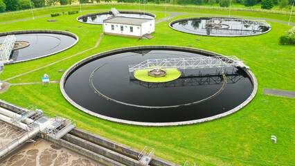 Aerial view to sewage treatment plant. Grey water recycling. Waste management in European Union.	