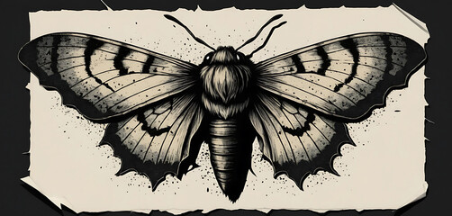 Moth with torn zine halftone effect and gothic shadow textures.
