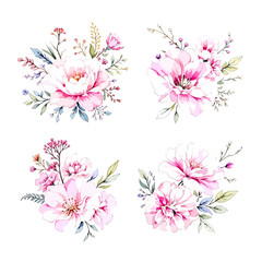 Set of floral bouquet isolated on white background with classical and tropical flowers © Watercol