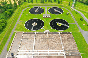 Aerial view to sewage treatment plant. Grey water recycling. Waste management in European Union.	