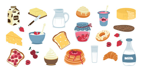 A modern hand-drawn illustration of a breakfast set, a delicious snack. Dairy products, pastries, berries, desserts. Vector flat illustration.