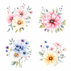 Set watercolor bouquet abstract flowers on white background