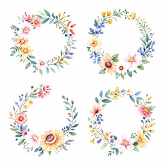 Set Watercolor Summer Floral Wreath, Summer Wreath Clipart Watercolor