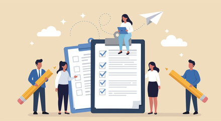 Cartoon-style illustration of diverse characters interacting with a large clipboard checklist, pencils, and a tablet, symbolizing teamwork, planning, and productivity on a soft beige background.