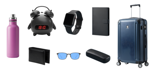 Assortment of travel and personal care accessories wrist watch passport holder sunglass googles case trolly bag water bottle