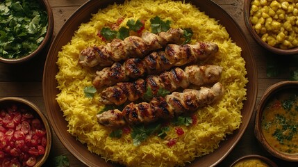 Grilled chicken skewers over yellow rice, with assorted sides