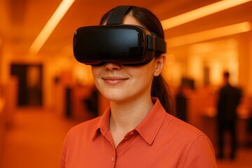 Woman Wearing Virtual Reality Headset Modern Technology Digital Experience Innovative Future Immersive Virtual World Advanced Technology Digital Innovation Futuristic Vision Modern Lifestyle Virtual  