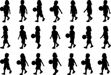 Silhouettes of children walking with balls in a repeating pattern design