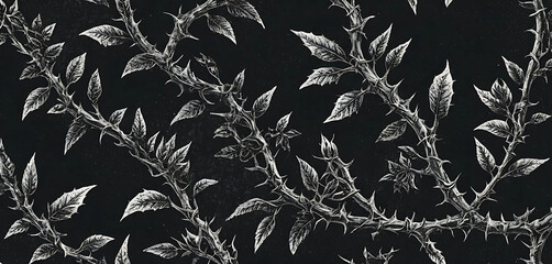 Thorny vines in dark stipple and grimy zine halftone backdrop
