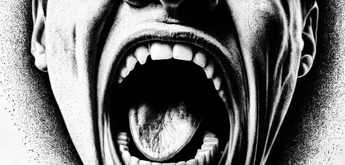 Screaming mouth with stipple detail, photocopy grain and gritty shadows
