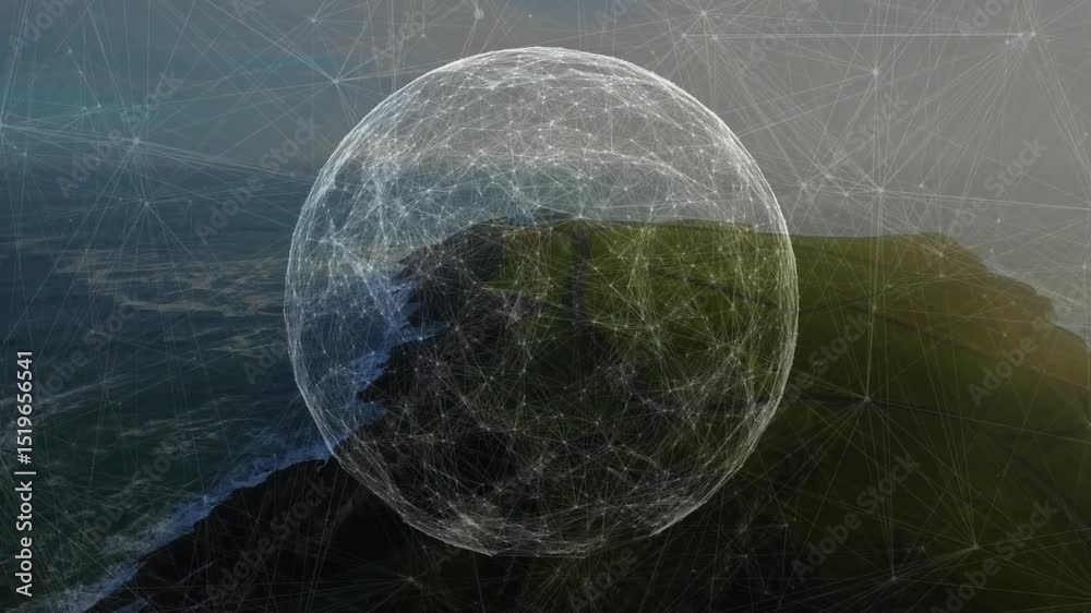Poster emerging wireframe sphere intensifying lines and pulsing nodes above cliff visualizing connectivity