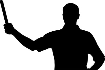 Silhouette of person holding baton in raised arm against a white background