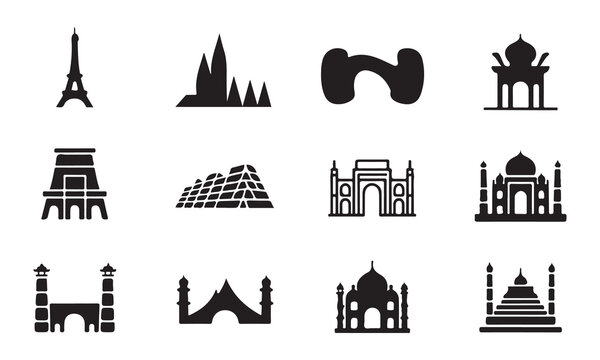 A collection of black silhouette icons representing famous landmarks across the globe, including the Eiffel Tower, ancient structures, and prominent architectural marvels.