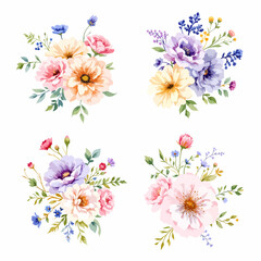 Set watercolor bouquet abstract flowers on white background