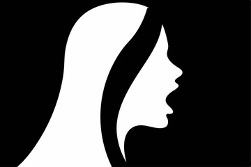 A woman's profile in white against a black background with open mouth shape