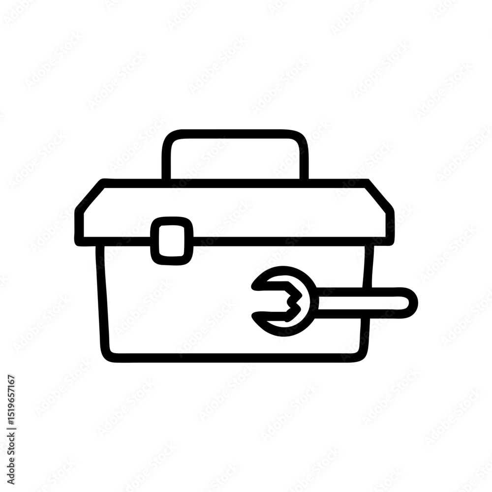 Poster outline drawing of a toolbox with a handle and a wrench resting on the side, simple design format
