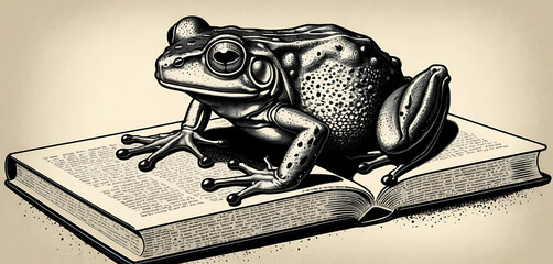 Dissected frog in stipple ink with grungy textbook halftone texture

