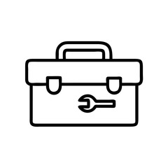 Outline drawing of a toolbox with a handle and a wrench inside the box shown in black lines