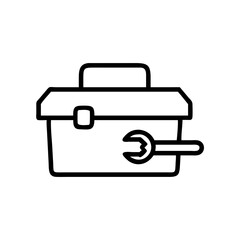 Outline drawing of a toolbox with a handle and a wrench resting on the side, simple design format