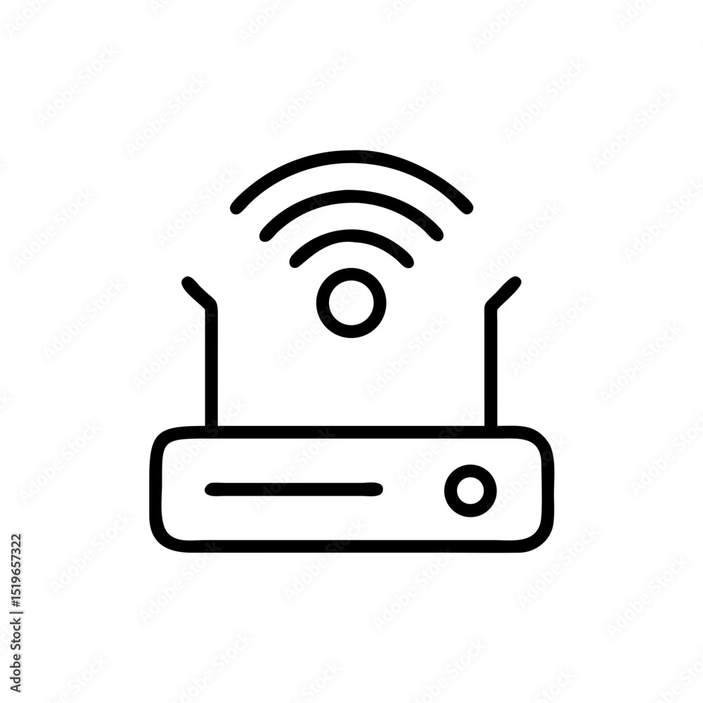 Poster Depiction of a wireless router with antennas and signal waves in simple black outline design style 100