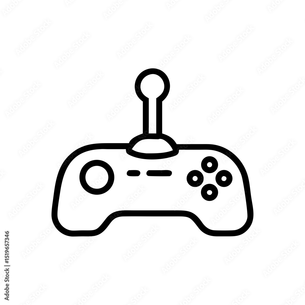 Poster a single black outline of a joystick device with buttons and a stick on a white plain background