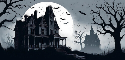 Haunted house silhouette in heavy halftone photocopy layers and gothic mist
