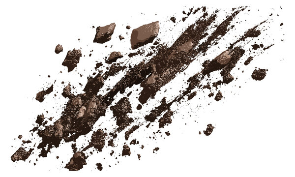 Mud splashes isolated on white background, vector illustration, soil spray, dirt drops, messy splatter, grunge effect, natural texture, abstract mud design.