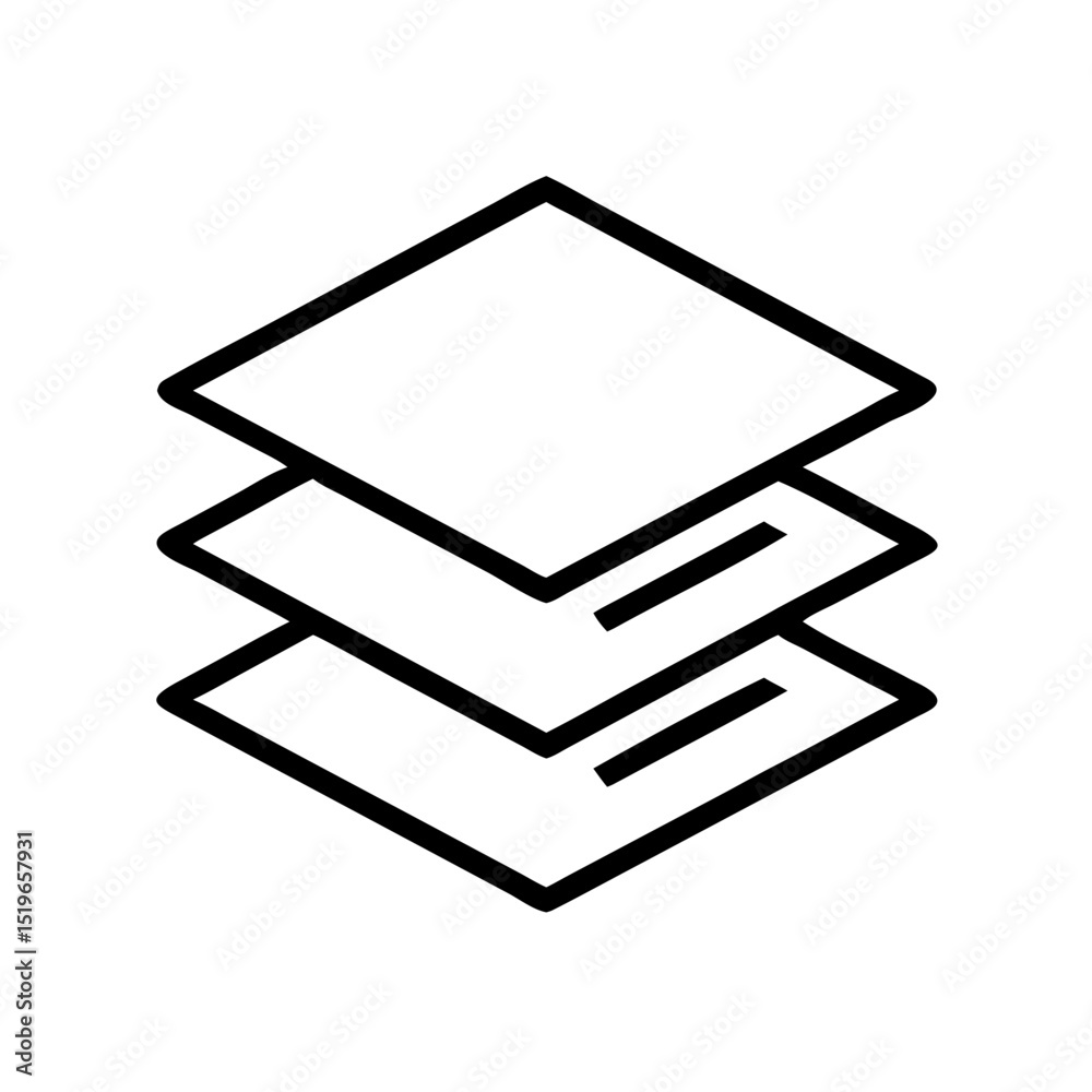 Poster a depiction of three stacked square shapes with a simple outline design on a white background plain 