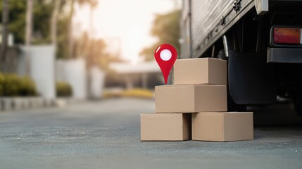Cardboard boxes are stacked neatly beside a delivery truck on a sunny afternoon. The quiet street is framed by greenery, creating a calm and organized atmosphere